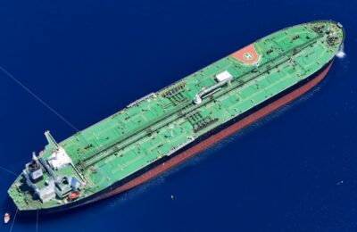 Aerial view of oil tanker at sea - Strait of Hormuz crisis 2026