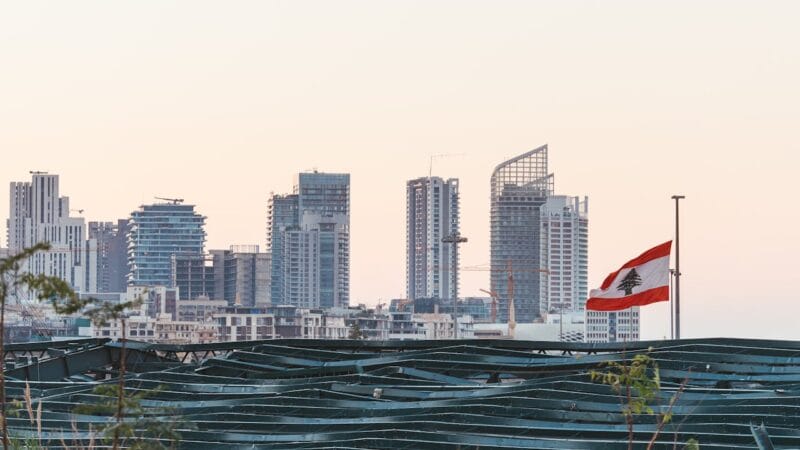 Beirut skyline with Lebanese flag - Lebanon war 2026 | أفق بيروت مع العلم اللبناني - حرب لبنان 2026