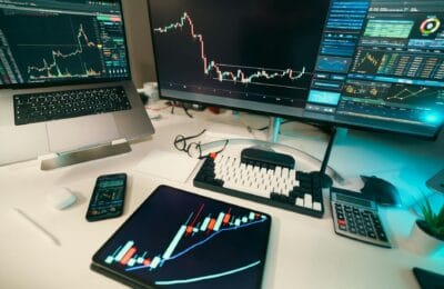 Financial trading dashboard with multiple screens displaying stock market data, charts, and price tickers in a modern trading room | لوحة تداول مالية بشاشات متعددة تعرض بيانات سوق الأسهم والرسوم البيانية وأسعار الأصول في غرفة تداول حديثة