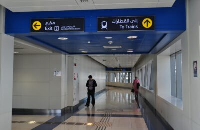 Dubai Metro train arriving at a modern station showcasing the futuristic public transport system in Dubai UAE 2026