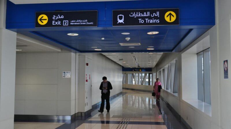 Dubai Metro train arriving at a modern station showcasing the futuristic public transport system in Dubai UAE 2026