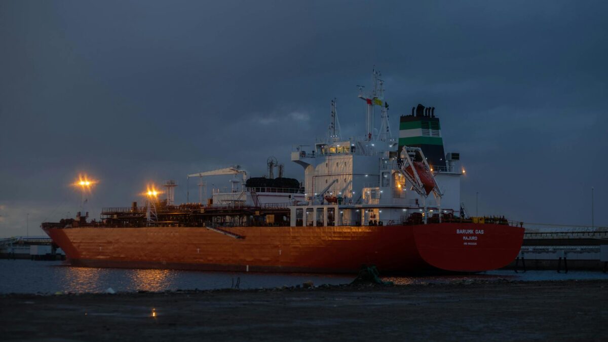 Oil tanker at sea at night