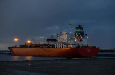 Oil tanker at sea at night