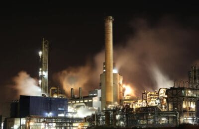 Damaged Gulf oil refinery at night with smoke and emergency flares