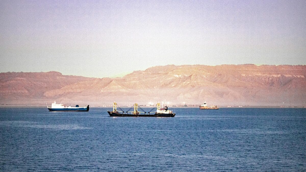 Aerial view of a fully laden container ship transiting the Suez Canal between the Sinai desert and the Egyptian mainland, with the new parallel channel visible in the distance