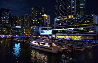 Dubai marina skyline at night, the setting of Netflix reality series Dubai Bling